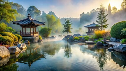 Obraz premium Peaceful Serene Morning Misty Asian-Inspired Water Feature
