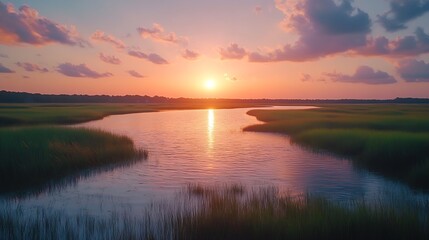 sunset over the salt marsh of pawleys island soun : Generative AI