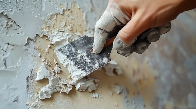 Saltpeter on the wall problem Woman is using a scraper to scrape and remove all loose paint and plaster that is in poor condition until a firm surface is achieved : Generative AI