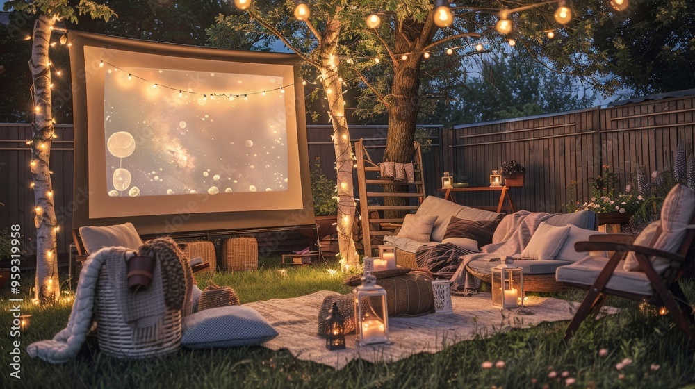 Poster A backyard movie setup with a projector screen, cozy blankets, and outdoor seating for family movie nights.