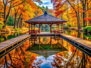 Obraz premium vibrant autumn colors exploding wooden benches wooden pavilions mirrored lake reflections symmetrical compositions crispy wooden leaves fallen path scenic walkways leading solitude