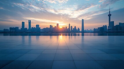 Obraz premium Empty floor and modern city skyline with building at sunset in Suzhou Jiangsu Province China high angle view : Generative AI