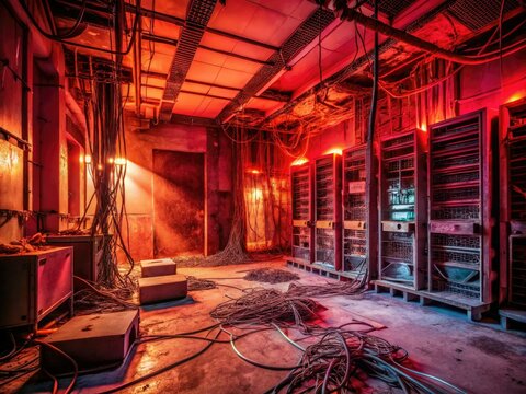 abandoned creepy old server room with tangled wires and broken computer towers amidst dusty old computers and a dim red glow
