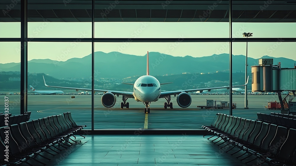 Poster airplane view from airport terminal : generative ai