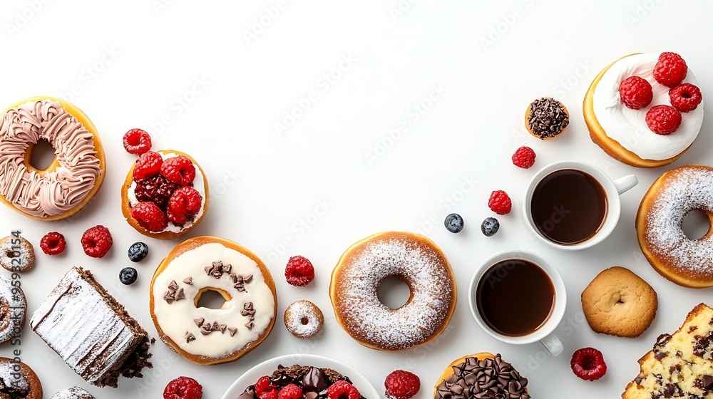 Poster Table with various cookies donuts cakes cheesecakes and coffee cups on white background  Delicious dessert table Top view flat lay copy space : Generative AI