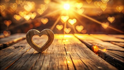romantic warm golden hour retro heart motif embedded in rustic wooden background with subtle texture and shallow depth of field