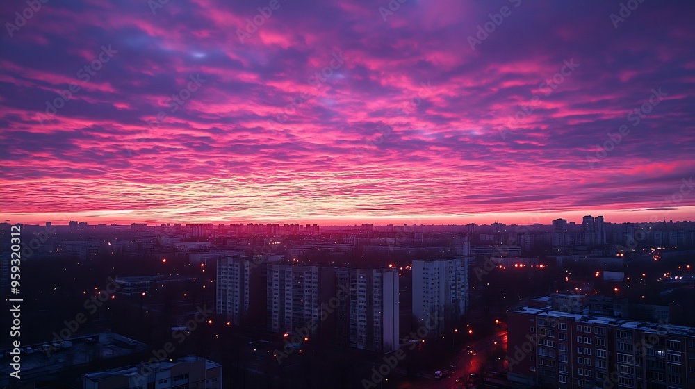 Aufkleber Aerial panoramic view  of colorful pink and red colored evening sky without obstacles in the front Ideal for sky replacement projects : Generative AI