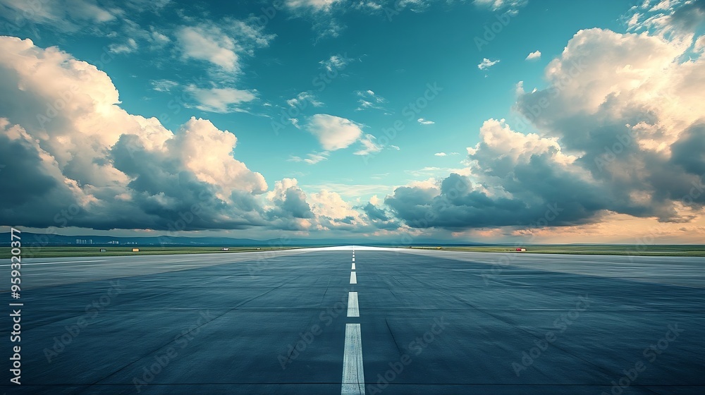 Aufkleber runway on a beautiful sky and clouds background : generative ai