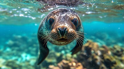 Fototapeta premium Galapagos fur seal Arctocephalus galapagoensis swimming at camera in tropical underwaters Lion seal in under water world Observation of wildlife ocean Scuba diving adventure in Ecuador : Generative AI