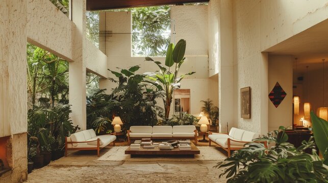 A beautifully designed living room by Luis Barragan, enclosed by an exuberant garden. The white walls and warm lighting enhance the modern furniture, creating a cozy ambiance. 