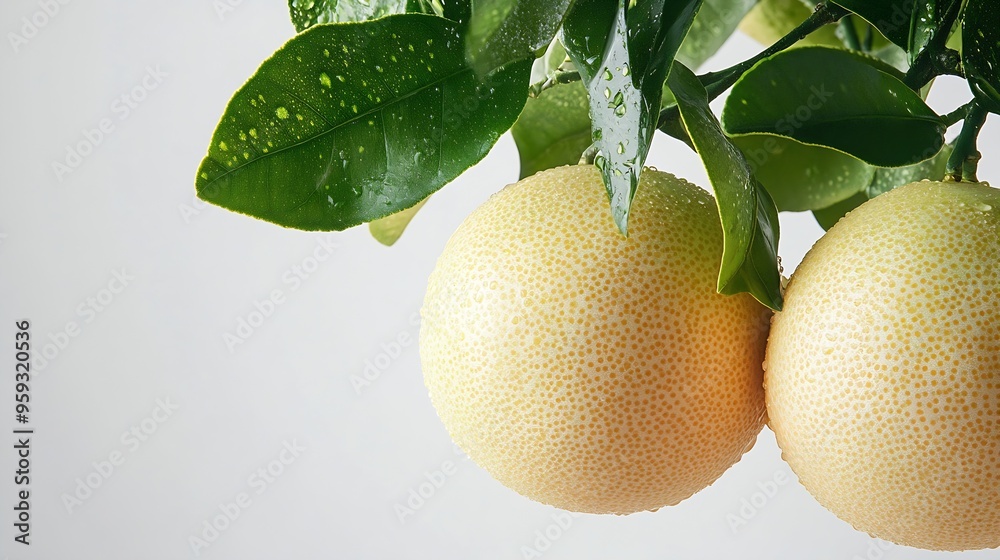 Aufkleber pomelo fruit with green leaf on tree branch isolated on white background : generative ai