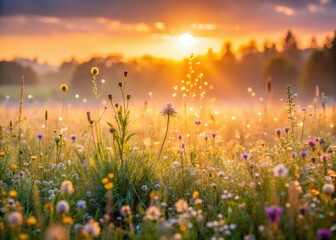 Dewy sunrise meadow awakening with soft golden light warm misty haze blurred wildflowers subtle bokeh pastel hues serene peaceful morning atmosphere
