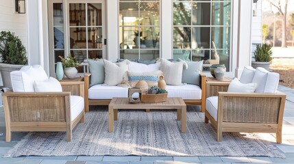 Fototapeta premium A beautifully designed outdoor living room with weather-resistant furniture, decorative pillows, and an outdoor rug.