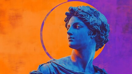 Contemporary art collage Classical statue in blue tones in ornate picture frame against purple circle and orange textured background Postmodernism Concept of creativity party urban cul : Generative AI