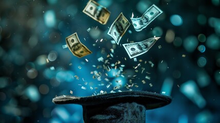 A burst of banknotes flying out of a magic hat, each one fluttering in the air as if by enchantment. The scene conveys the magical and transformative power of financial success.