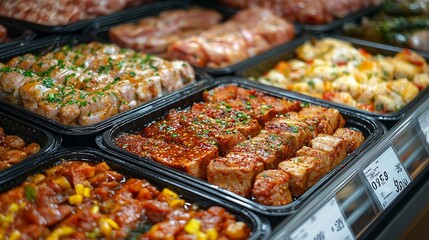 Meats in marinade on supermarket display precooked food : Generative AI