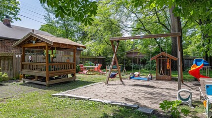 A children's play area in the backyard with a swing set, a sandbox, and a small playhouse.