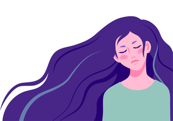 目をつぶるロングヘアーの女性のバストアップのベクターイラストレーション