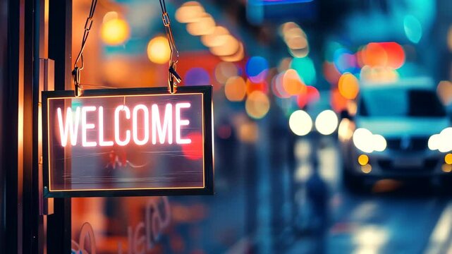 A photo of an open sign hanging on the door with text WELCOME