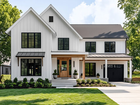 A white modern farmhouse with board and batten siding, white oak front door and covered porch, and a black garage door and windows.