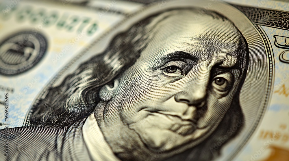 Poster high resolution macro image of benjamin franklin on the one hundred us dollar bill close up : genera