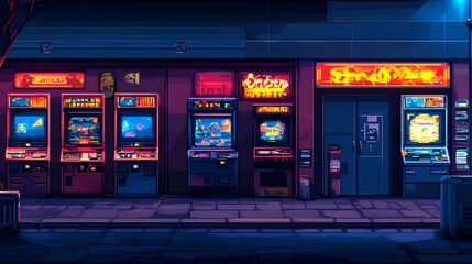 A pixelated night scene of a Japanese arcade, featuring neon lights and glowing screens.