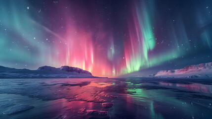 Fototapeta premium Aurora Borealis Reflection in Frozen Lake - Night Sky Photography