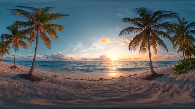 360 hdri panorama with coconut trees on ocean coast on beach at sunset in equirectangular spherical seamless projection : Generative AI