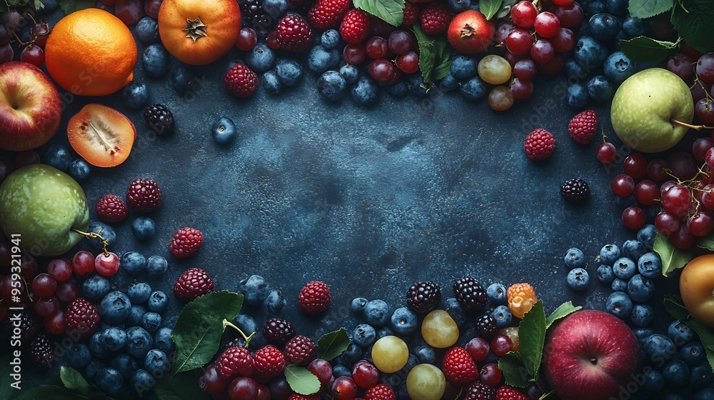 Poster Different ripe fruits and berries as background top view : Generative AI