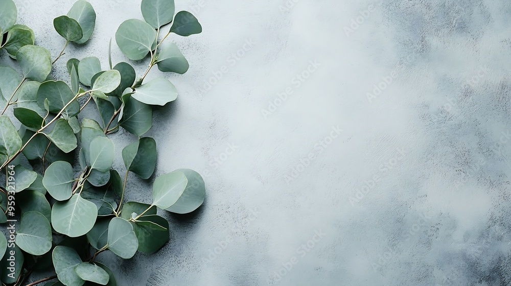 Poster Natural green eucalyptus branches on empty light grey background with copy space Trendy layout with fresh plant Eco spring concept Skin care product advertising Top view minimal compos : Generative AI