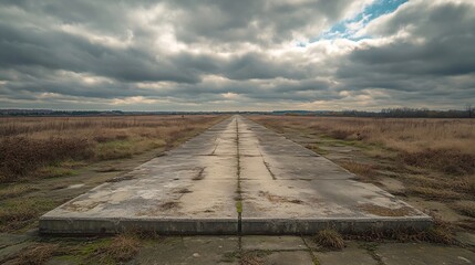 Old runway of concrete slabs against a cloudy sky : Generative AI