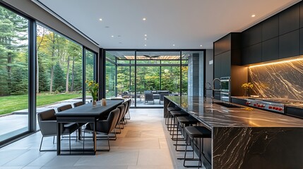 Contemporary modern home exterior and interior with floor to ceiling marble fireplace black granite countertops in the kitchen modern stylish furniture built in wall ovens custom fridg : Generative AI