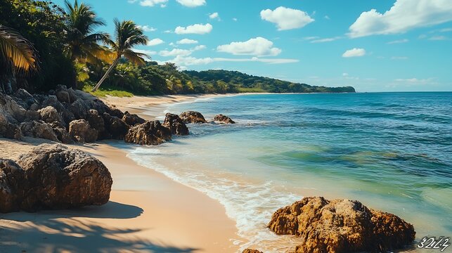 Beautiful beaches in Pipa Brazil All the colors of the beach Golden Sand Crystal clear ocean Palm trees and rocks : Generative AI