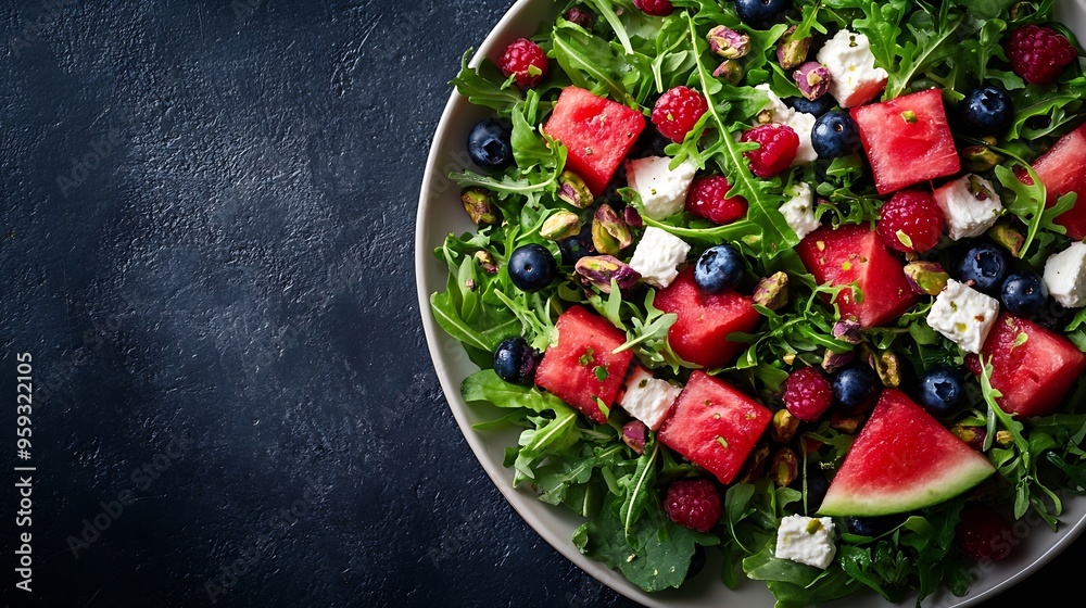 Poster watermelon and feta cheese salad with blueberry raspberry pistachios and fresh greens top view : gen