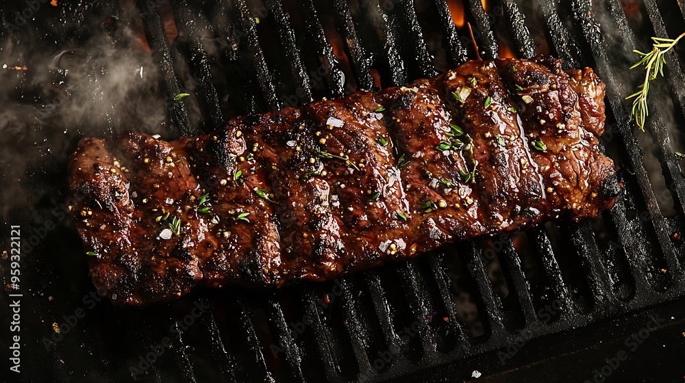 Poster homemade cooked skirt steak on a grill dark background top view : generative ai