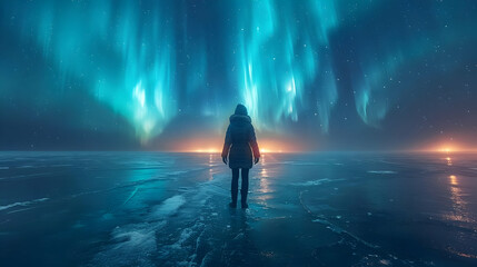 Fototapeta premium A lone figure stands on frozen lake gazing up at the aurora borealis - digital illustration