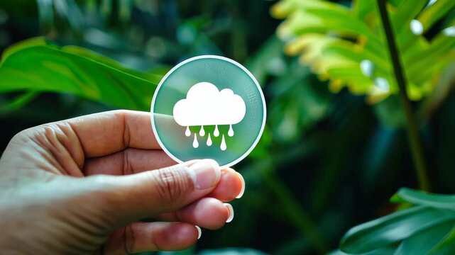 Hand holding round sticker with green cloud and CO2 symbol on blurred plant background eco concept.