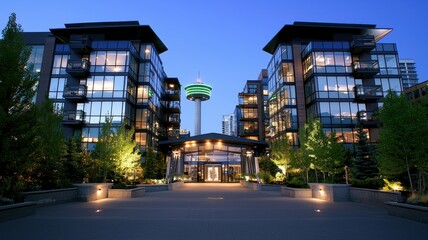 Fototapeta premium Modern apartment buildings illuminated at dusk, showcasing sleek architecture and vibrant greenery in an urban environment.