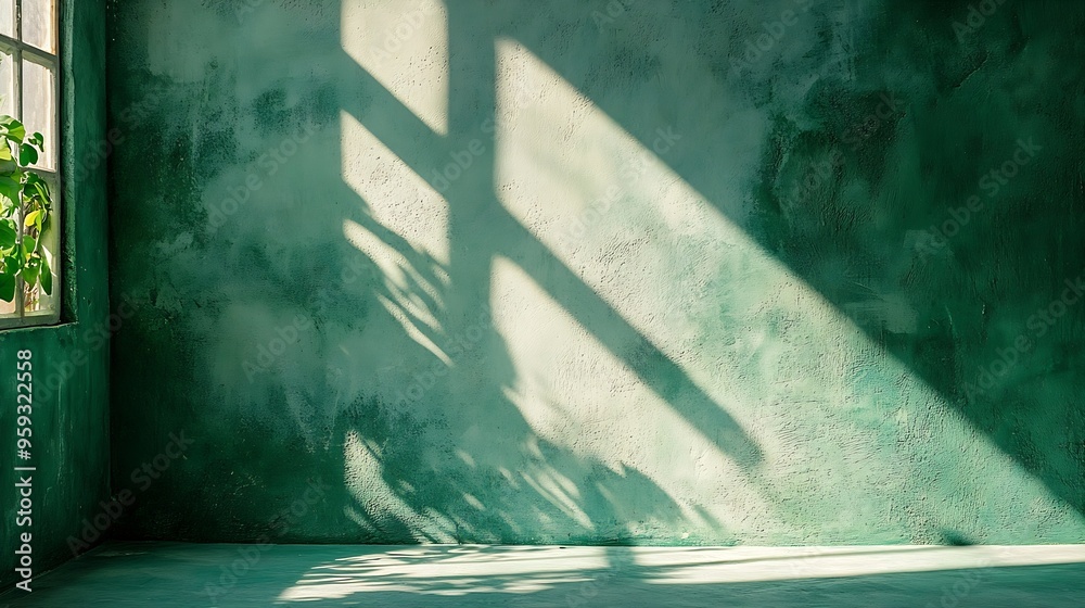 Poster minimal abstract green concrete background with light for product displayed shadow and light from windows on rustic plaster wall green studio backdrop cosmetic beauty presentation back : Generative AI