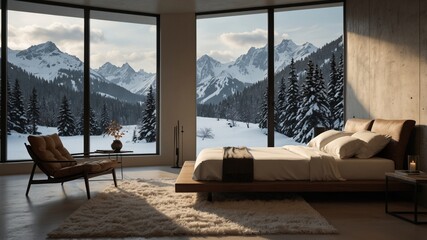 Minimalist Modern Bedroom in a Snowy Landscape