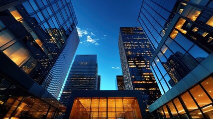 Fototapeta premium Modern skyscrapers reflecting evening light under a twilight sky, creating a dramatic urban skyline view.