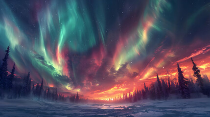 Fototapeta premium Aurora Borealis Over Snowy Forest Illustration