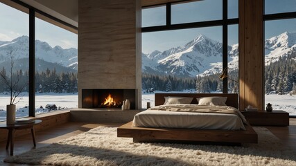 Minimalist Modern Bedroom in a Snowy Landscape