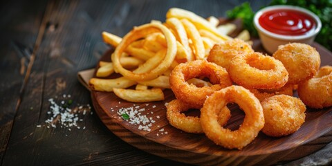 Naklejka premium Street food festival assortment Onion rings French fries and deep fried cheese balls on a rustic wooden platter