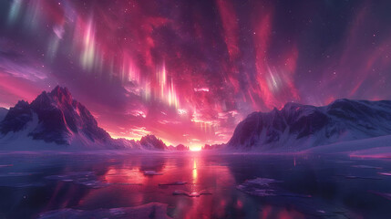 Purple Mountains with Aurora Borealis at Sunset - 3D Illustration