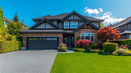 Big custom made luxury house with nicely landscaped front yard and driveway to garage in the suburbs of Vancouver Canada : Generative AI