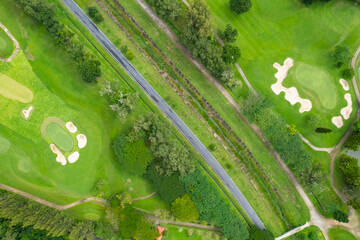 Aerial view drone shot of beautiful golf field High angle view