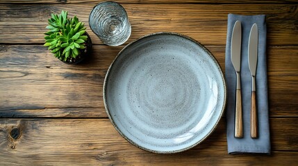 From above of tasteful minimalist table setting showcasing a ceramic plate silver cutlery bundled in a grey napkin a textured glass and a miniature succulent plant : Generative AI