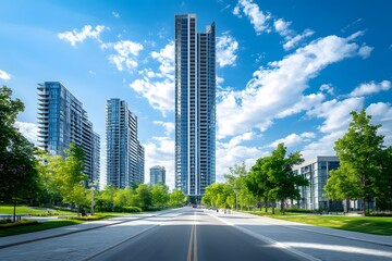 Modern Skyscrapers and Greenery Along a City Street