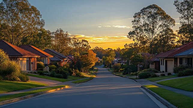 Suburban street corner with houses at sunset at Bella Vista Sydney Australia Typical upper middle class neighborhood in Australia A wide Australian street with residential houses on a  : Generative AI